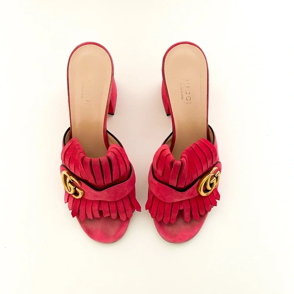 Gucci Marmont GG Logo Hot Pink Red Suede Fringed High Heeled Mules Slides 37.5 - Picture 3 of 12
